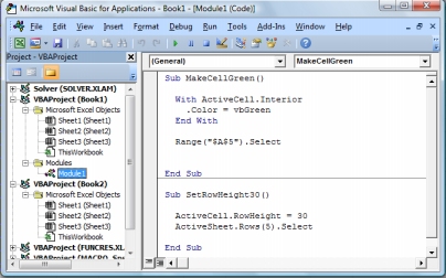 A module that contains two macros stored in Module1 of Book1.