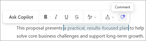 Comment button that shows up when you highlight text in Copilot Pages.
