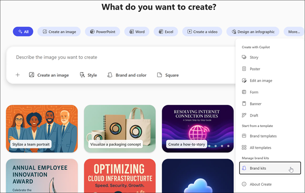 Screenshot of the menu where you can choose Brand kits in Create.