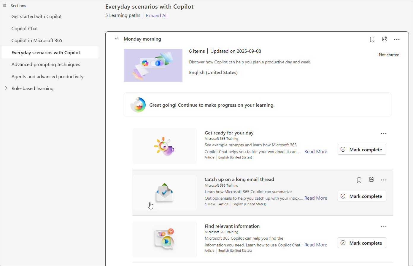 Image showing Copilot Academy sections and learning paths