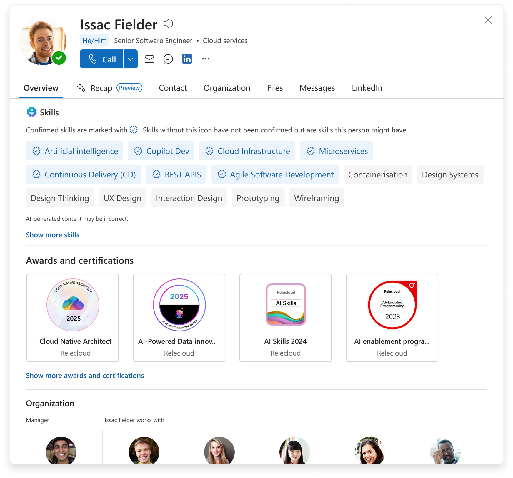 This image shows how awards and certifications appear in the overview section
