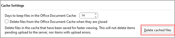 Screenshot showing delete cached files button under Cache Settings.