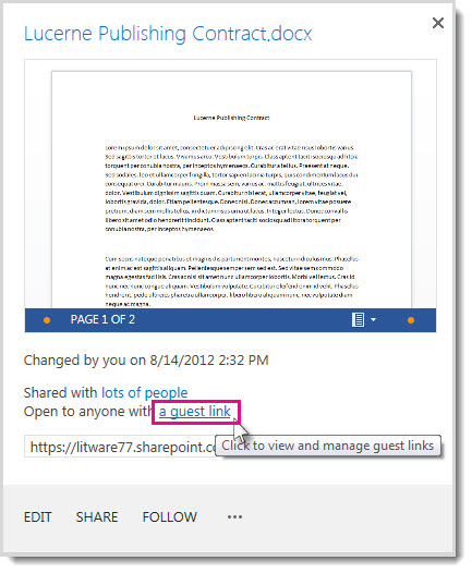 Properties dialog box showing that a document has been shared with a guest link.