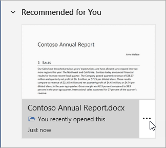 A recommended file card, with the pointer hovering over the More options button.