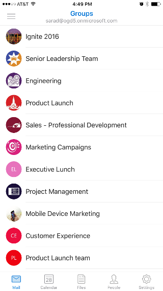 Shows the Groups screen, with a list of groups like Ingite 2016 and Senior Leadership Team.