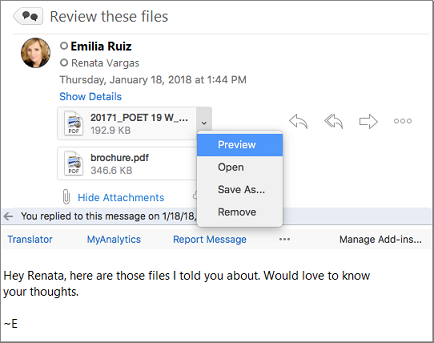 Message in reading pane with attachment preview highlighted