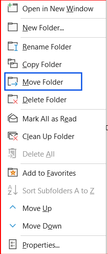 Screenshot of the Move folder option selected in the navigation pane.