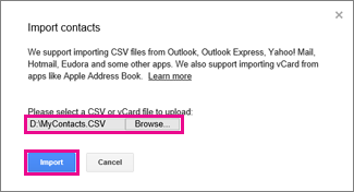 Googel Gmail - import contacts dialog