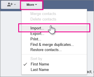 Google Gmail - Click More, import contacts