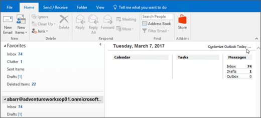 Screenshot of the Outlook Today view in Outlook, showing the name of the mailbox owner, the current day and date, and the associated calendar, tasks, and messages for the day.