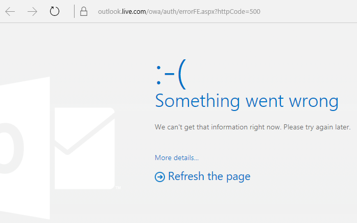 Outlook.com Something went wrong error code 500