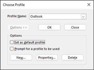 Outlook choose profile dialog