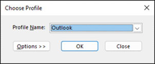 Outlook Options choose profile