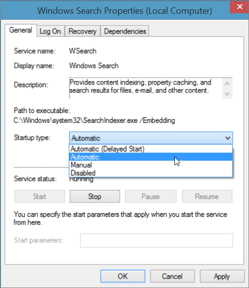 Screenshot of the Windows Search Properties dialog shows the setting Automatic selected for Startup type.