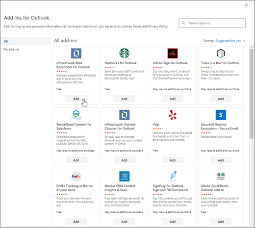 A screenshot shows the Add-ins for Outlook page.