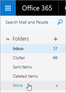 Screenshot of the cursor hovering over the More button in the navigation pane in Outlook on the web.