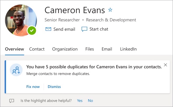 Suggestion to merge contacts using profile cards