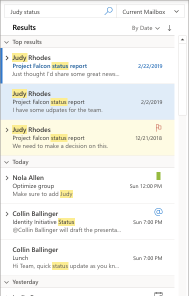 Screenshot of Top Results in Outlook for Windows.