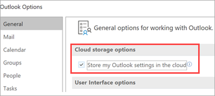 Shows Outlook setting options