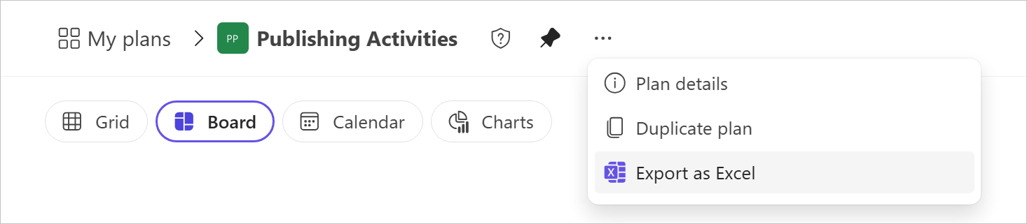 A cropped screenshot of a plan shows the menu dropdown with the option, Export as Excel, selected.