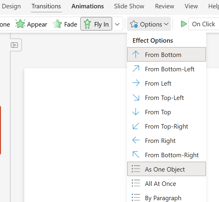 Screenshot showing the different animations effect options