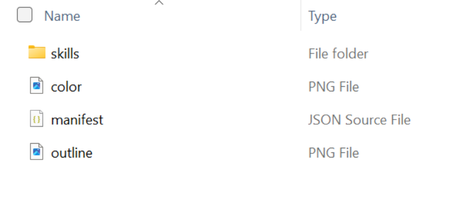 Screenshot that shows the contents of a skill package folder: a skills folder, and the color.png, manifest.json, and outline.png files.
