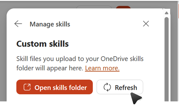 Screenshot that shows to refresh skills to sync with OneDrive.