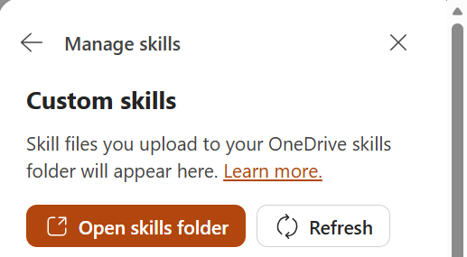 Screenshot that shows custom skills management panel in PowerPoint Copilot.