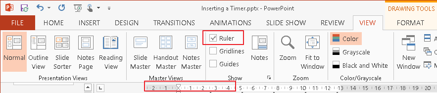 The Ruler check box is on the View tab.
