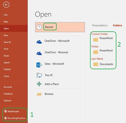 Quick-access and Recent lists in PowerPoint 2016
