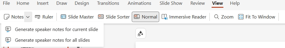 Speaker notes dropdown in view tab