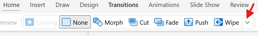 Screenshot showing the various transitions options
