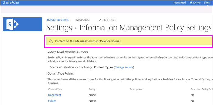 Warning on site that Document Deletion Policies are being used