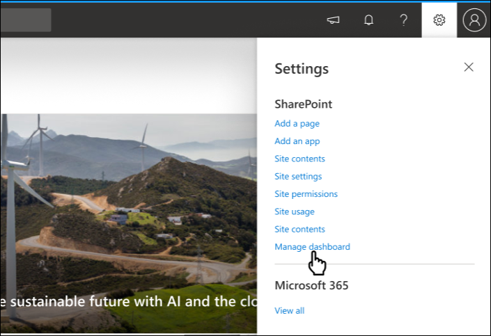 screenshot of manage dashboard cards
