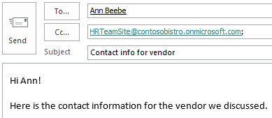 Email message with site mailbox included in CC field.