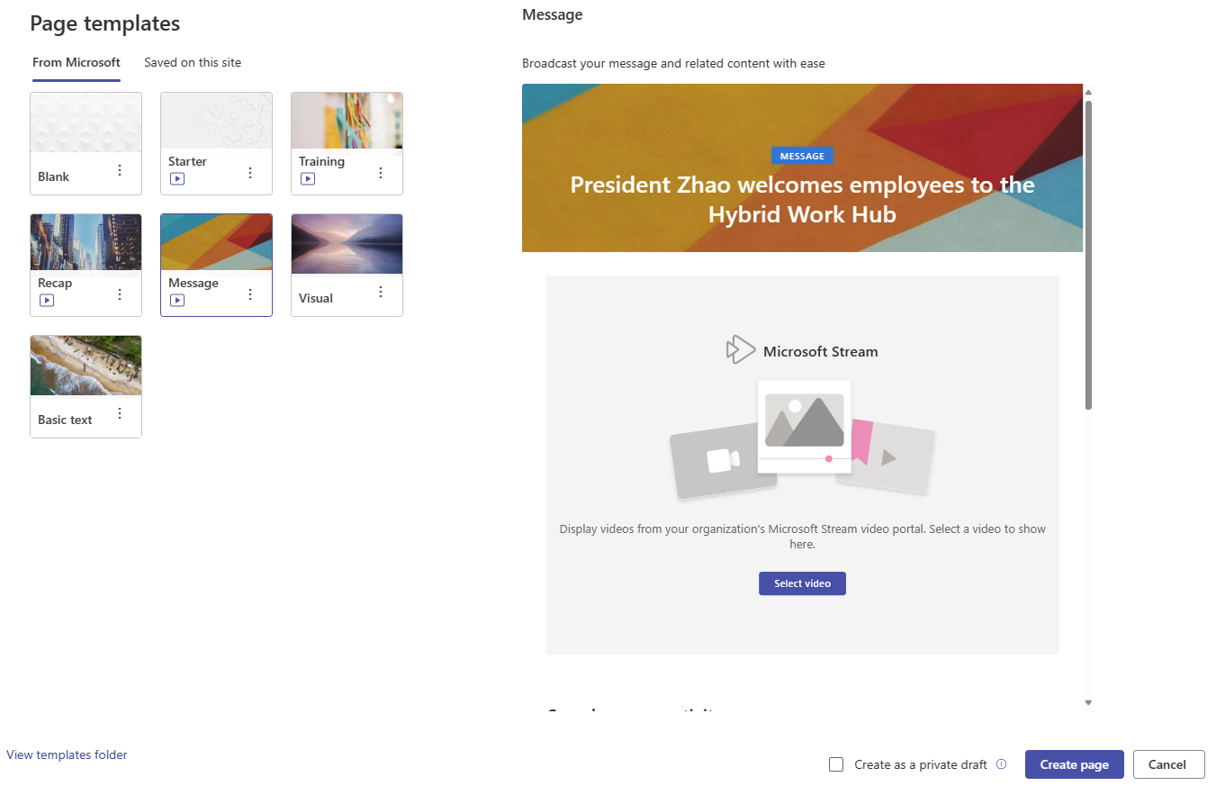 Template picker for SharePoint pages