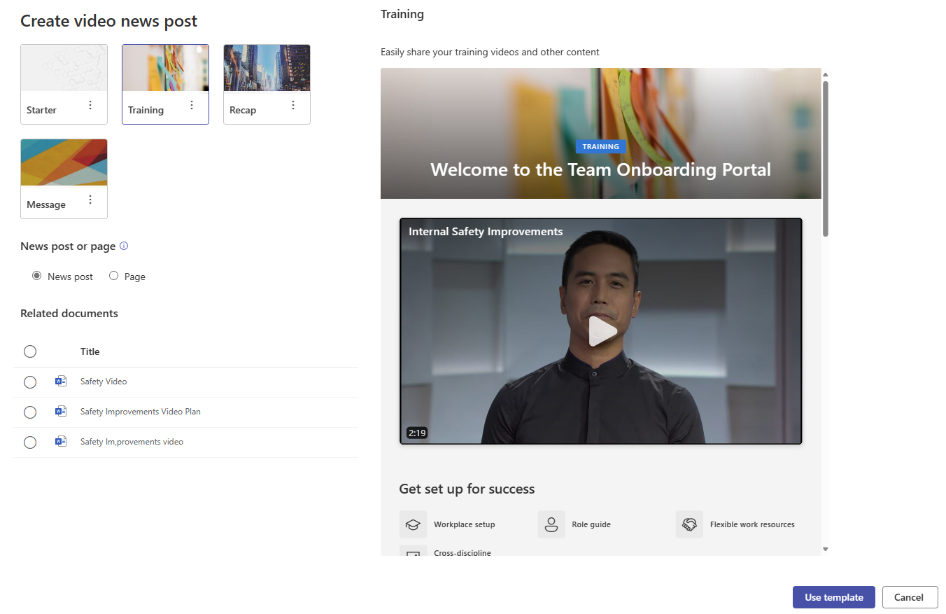 Template picker for video pages created from the Stream Web App