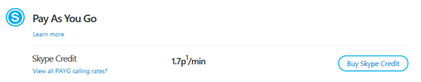 The View all PAYG calling rates link selected on the Skype rates webpage.