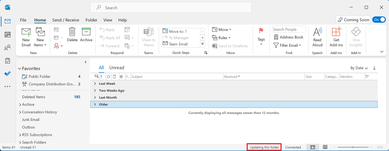 Outlook shared mailbox with Updating this folder message circled in a red box