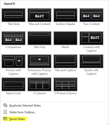 An image of the New Slide menu with the option Reuse Slides highlighted.