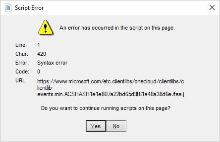 A screenshot of the error message, An error has occurred in the script on this page.