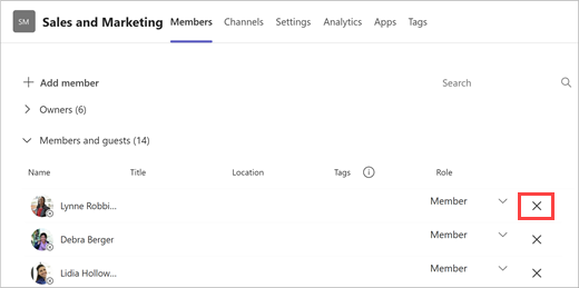 Screenshot of a team members list with add member, search, and remove options. Select the X on the right of a team members name to remove them.