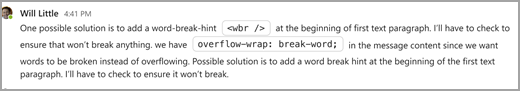 Screenshot of inline code in a Microsoft Teams chat