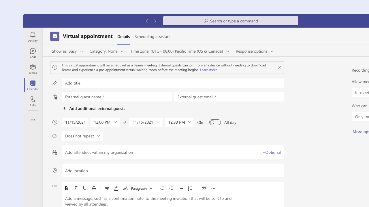 Using the Virtual appointment meeting template