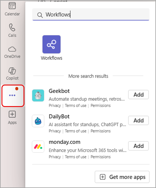 Screenshot showing how to find the workflows app from View more apps button on the left side of Teams.