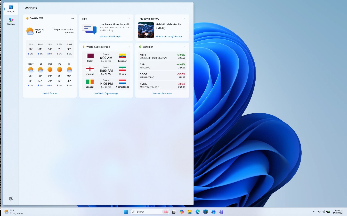 Widgets dashboard displaying weather, tips, history, World Cup, and stock watchlist widgets.