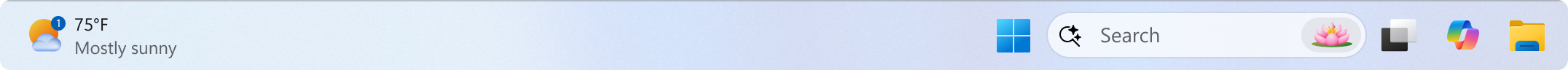 Taskbar displaying a weather notification badge on the Widgets icon.