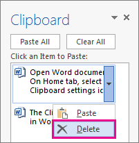 Deleting an item from the Word 2013 clipboard