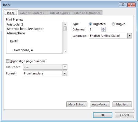 Index dialog box