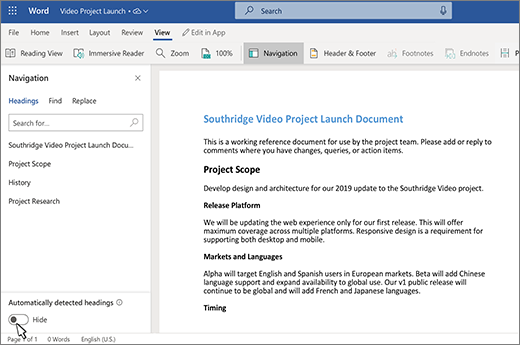 Screenshot with automatic headings turned off